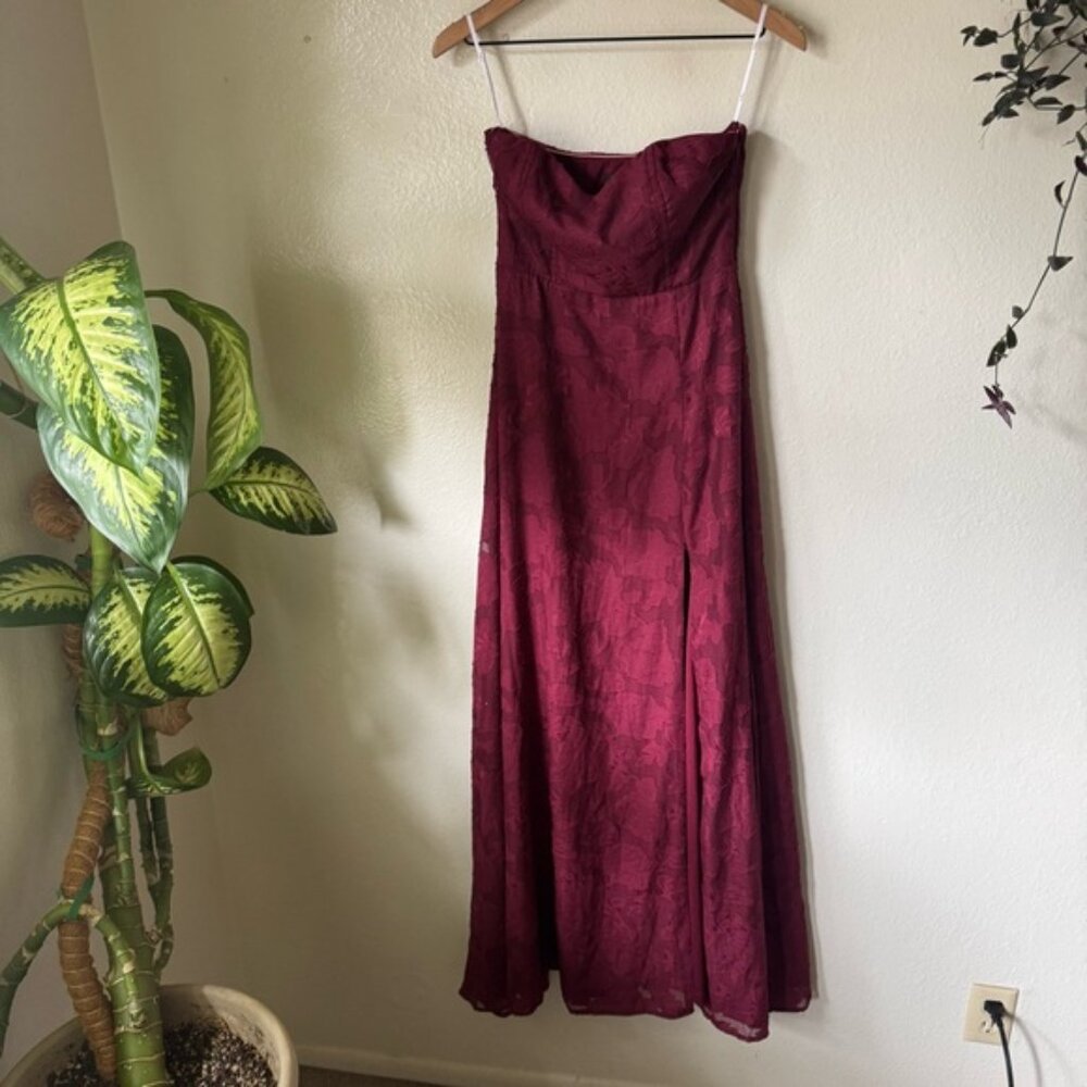 Lulus | Garden of Romance Burgundy Floral Burnout Strapless Maxi Dress - Picture 2 of 8